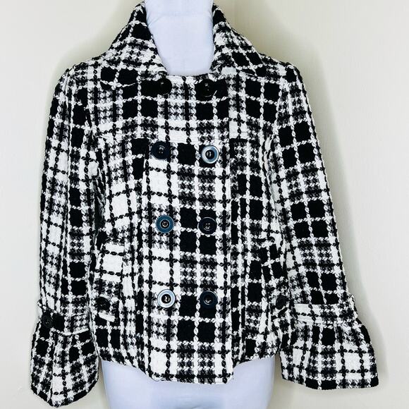 Oleg Cassini Wool Blend Peacoat Medium Black Plaid Double Breasted Tweed Jacket - Picture 1 of 9